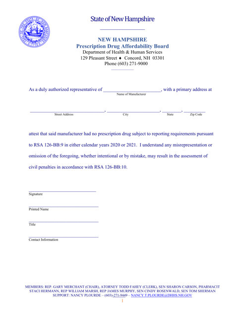 Pdab No Price Reporting Attestation Form - New Hampshire Download Pdf