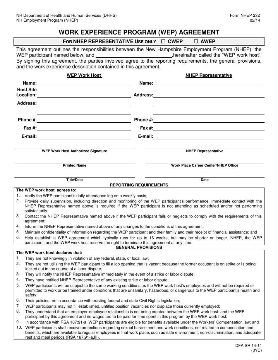 Form NHEP232 Work Experience Program (Wep) Agreement - New Hampshire, Page 1