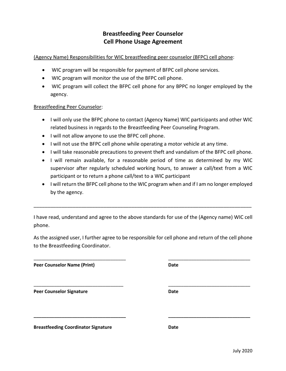 Breastfeeding Peer Counselor Cell Phone Usage Agreement - New Hampshire, Page 1