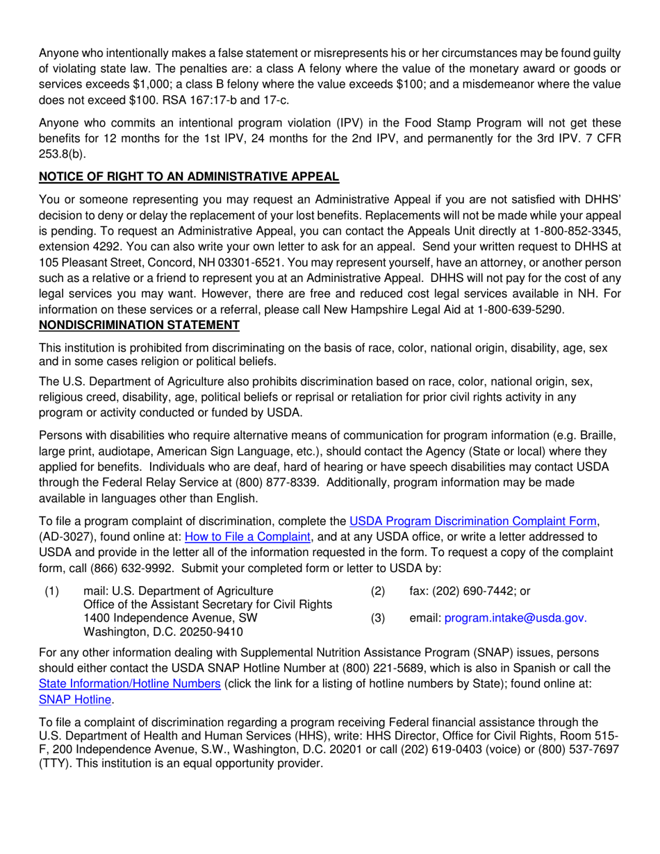 BFA Form 474 Attestation and Verification of SNAP (Formerly Food Stamps) Household Disaster - New Hampshire, Page 2