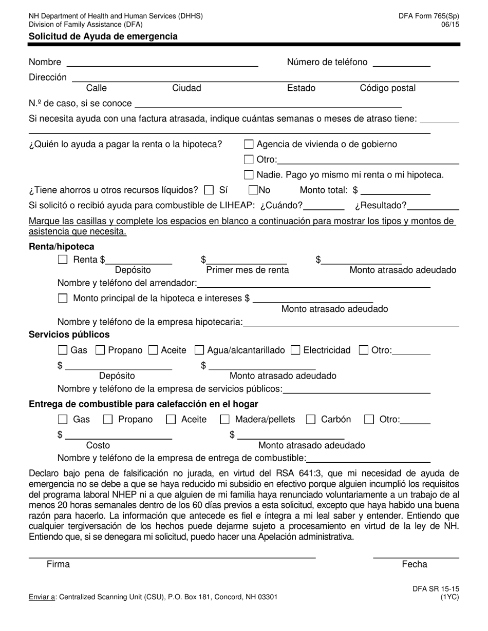 BFA Formulario 765 Solicitud De Ayuda De Emergencia - New Hampshire (Spanish), Page 1