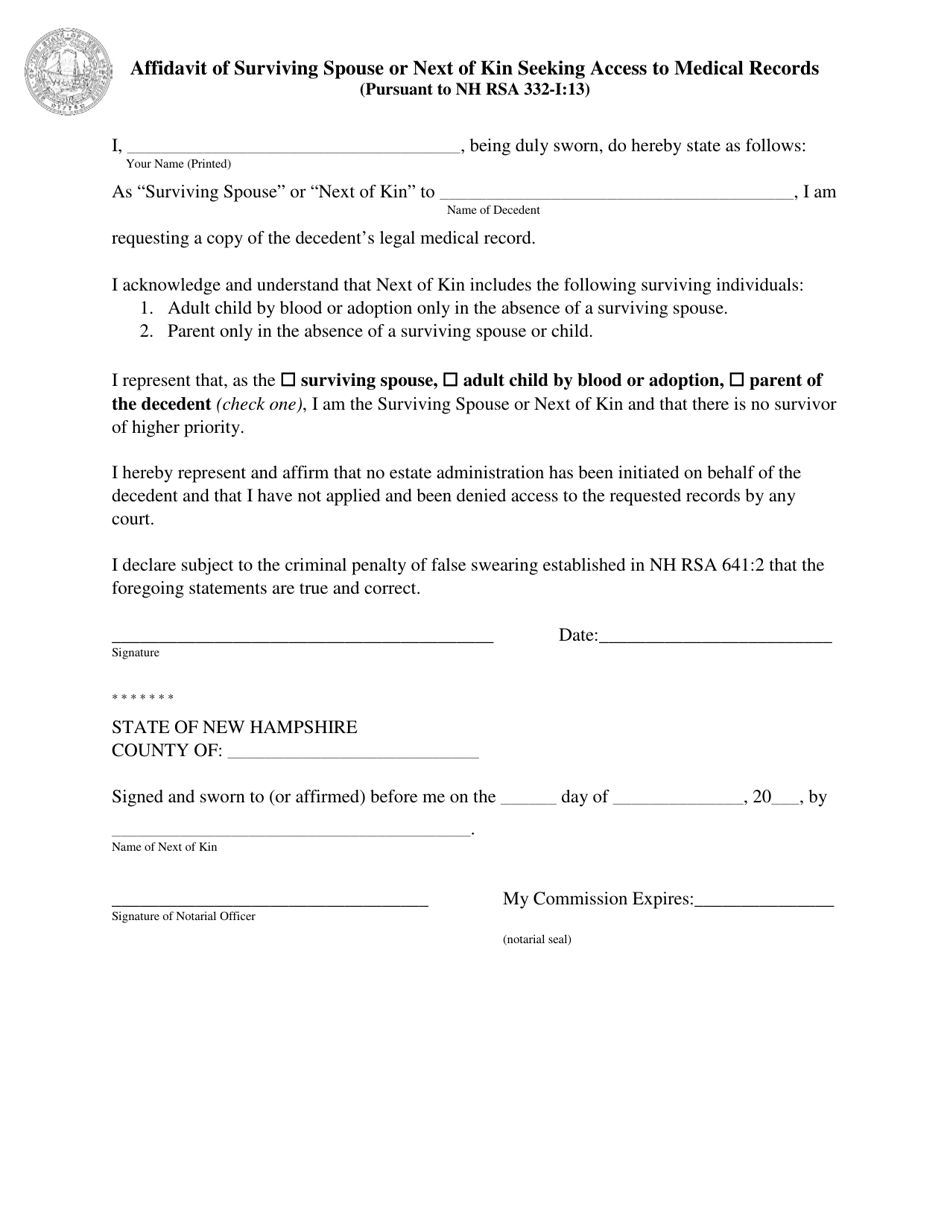Affidavit of Surviving Spouse or Next of Kin Seeking Access to Medical Records - New Hampshire, Page 1