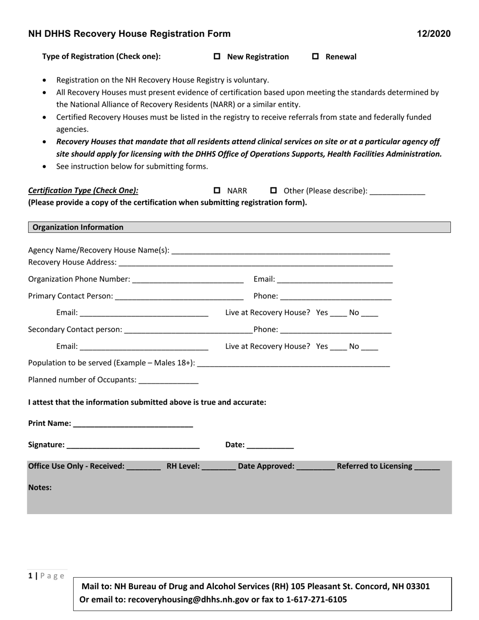 Recovery House Registration Form - New Hampshire, Page 1