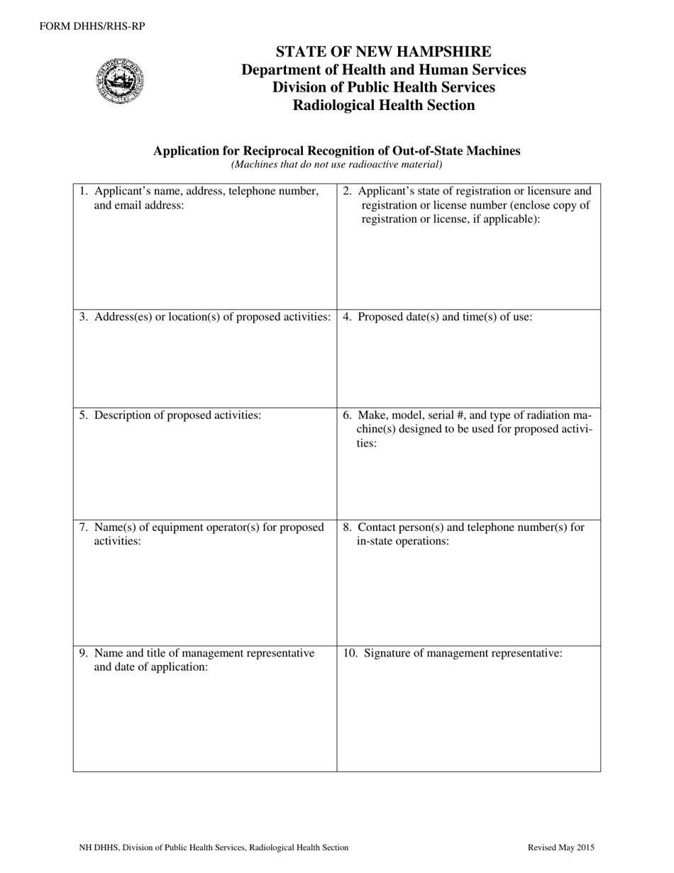 Form RHS-RP Application for Reciprocal Recognition of Out-of-State Machines - New Hampshire, Page 1