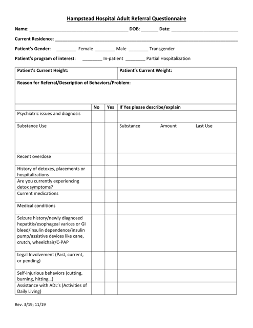 Hampstead Hospital Adult Referral Questionnaire - New Hampshire Download Pdf