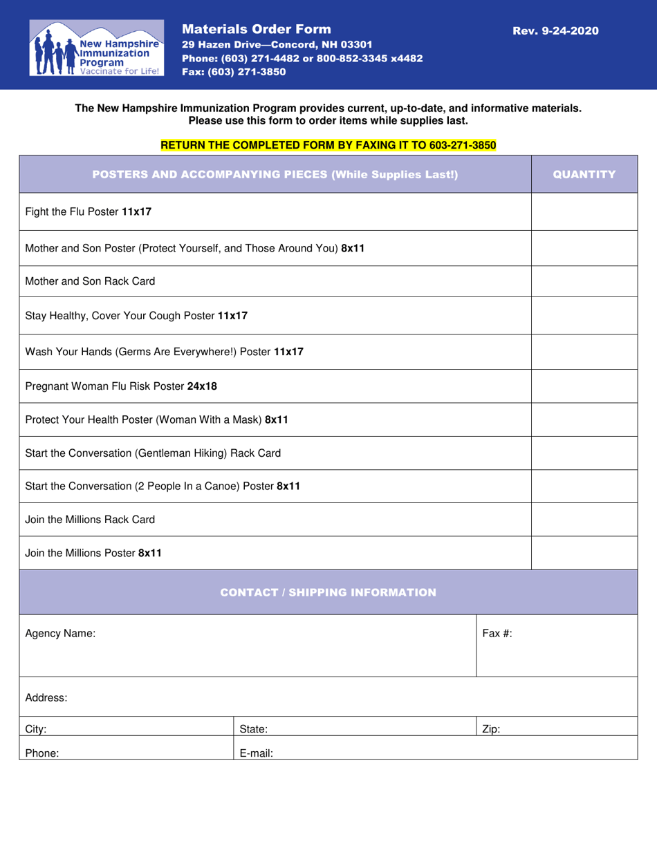 Materials Order Form - Immunization Program - New Hampshire, Page 1