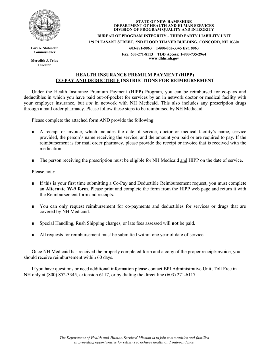 HIPP Co-pay and Deductible Reimbursement Form - New Hampshire, Page 1