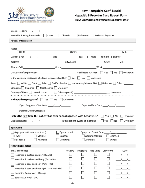 New Hampshire Confidential Hepatitis B Provider Case Report Form (New Diagnoses and Perinatal Exposures Only) - New Hampshire Download Pdf