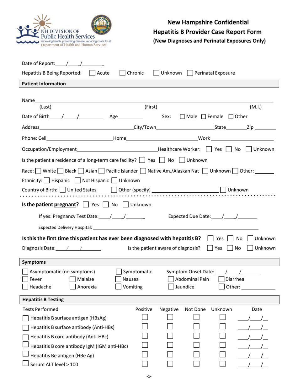 New Hampshire Confidential Hepatitis B Provider Case Report Form (New Diagnoses and Perinatal Exposures Only) - New Hampshire, Page 1