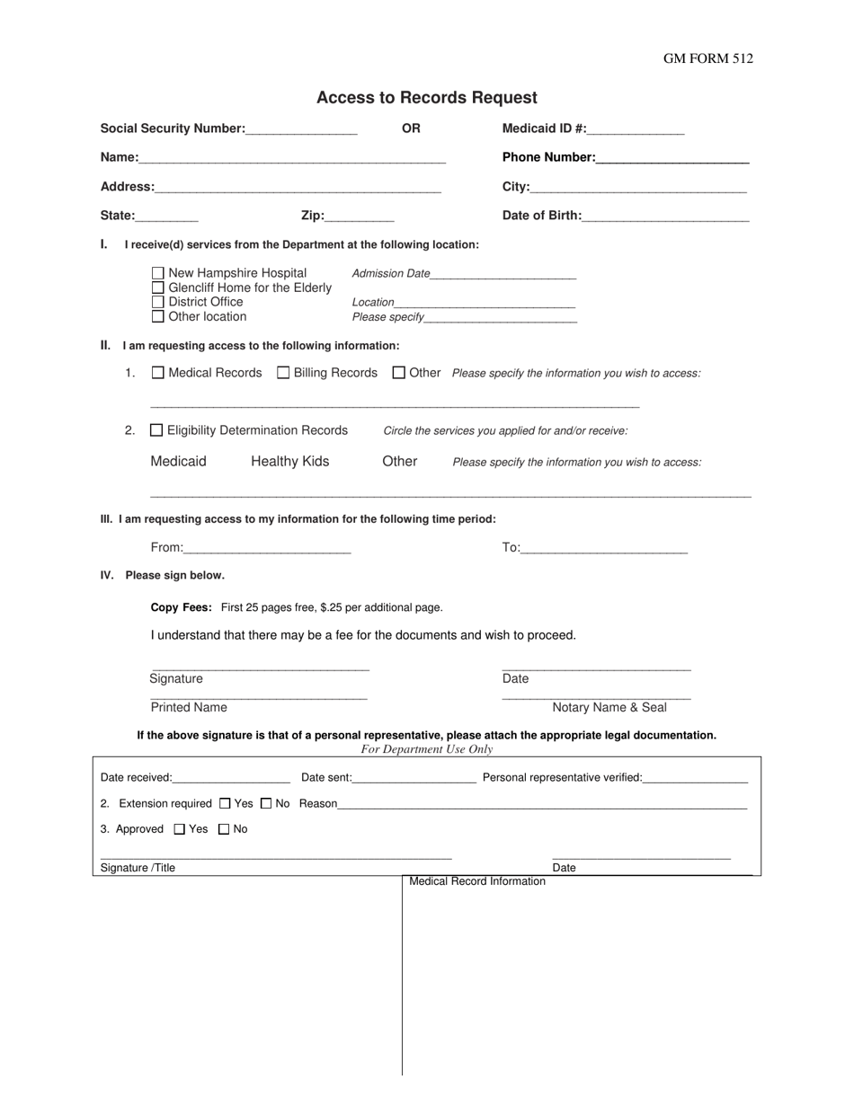 GM Form 512 Access to Records Request - New Hampshire, Page 1