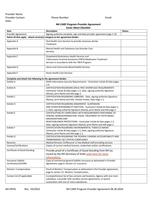 Nh Care Program Provider Agreement Cover Sheet Checklist - New Hampshire Download Pdf