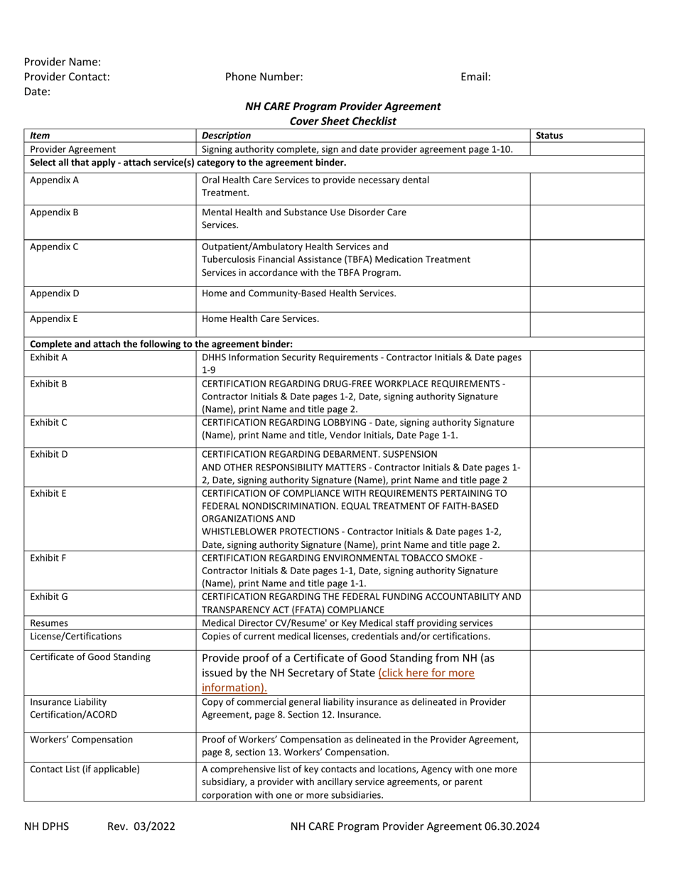 Nh Care Program Provider Agreement Cover Sheet Checklist - New Hampshire, Page 1