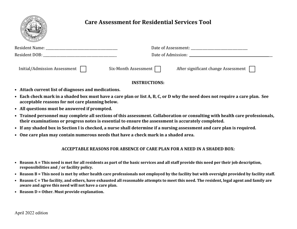 Care Assessment for Residential Services Tool - New Hampshire, Page 1