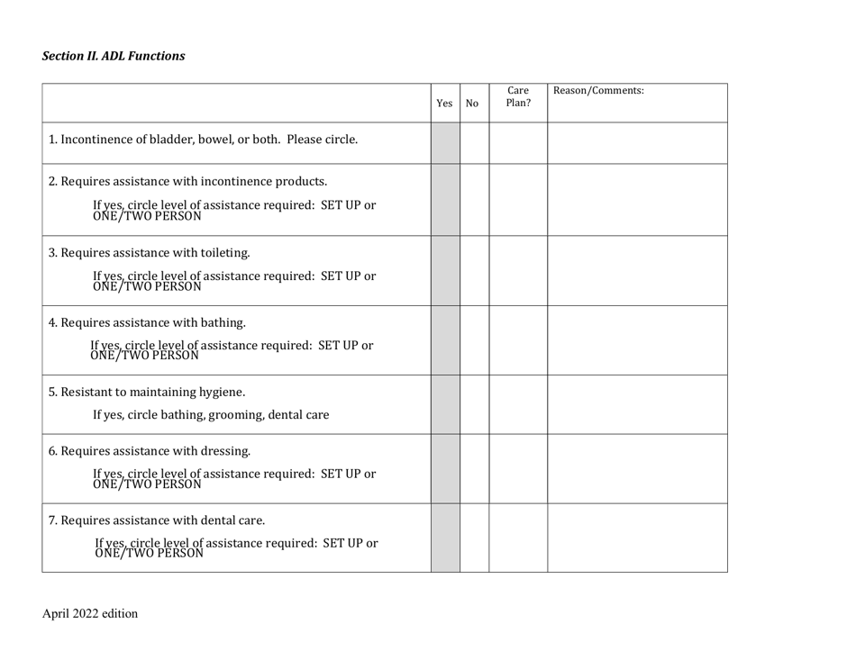 Care Assessment for Residential Services Tool - New Hampshire, Page 5