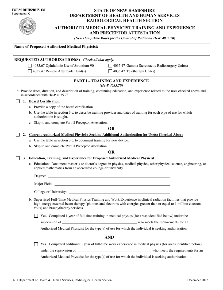 Form RHS-1M Supplement C Authorized Medical Physicist Training and Experience and Preceptor Attestation - New Hampshire, Page 1