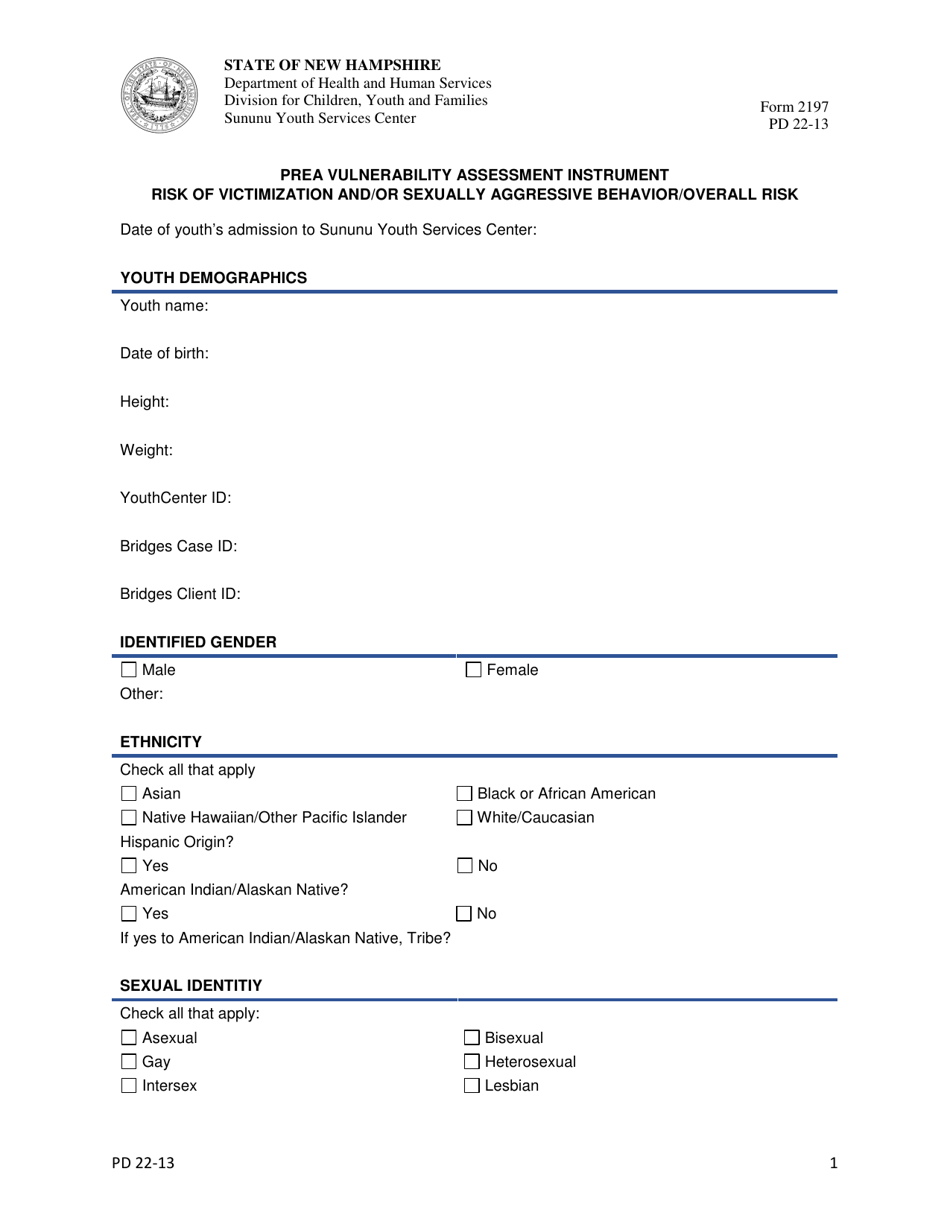 Form 2197 Prea Vulnerability Assessment Instrument - Risk of Victimization and / or Sexually Aggressive Behavior / Overall Risk - New Hampshire, Page 1