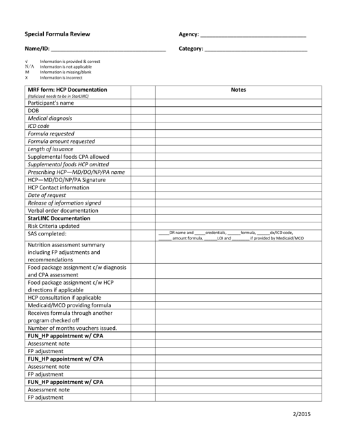 Nh Wic Ppm Special Formula Record Review Form - New Hampshire Download Pdf