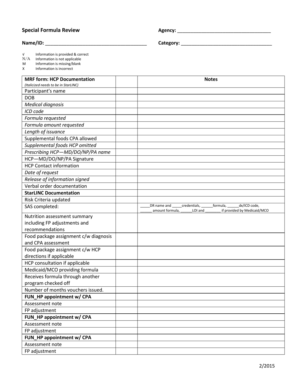 Nh Wic Ppm Special Formula Record Review Form - New Hampshire, Page 1