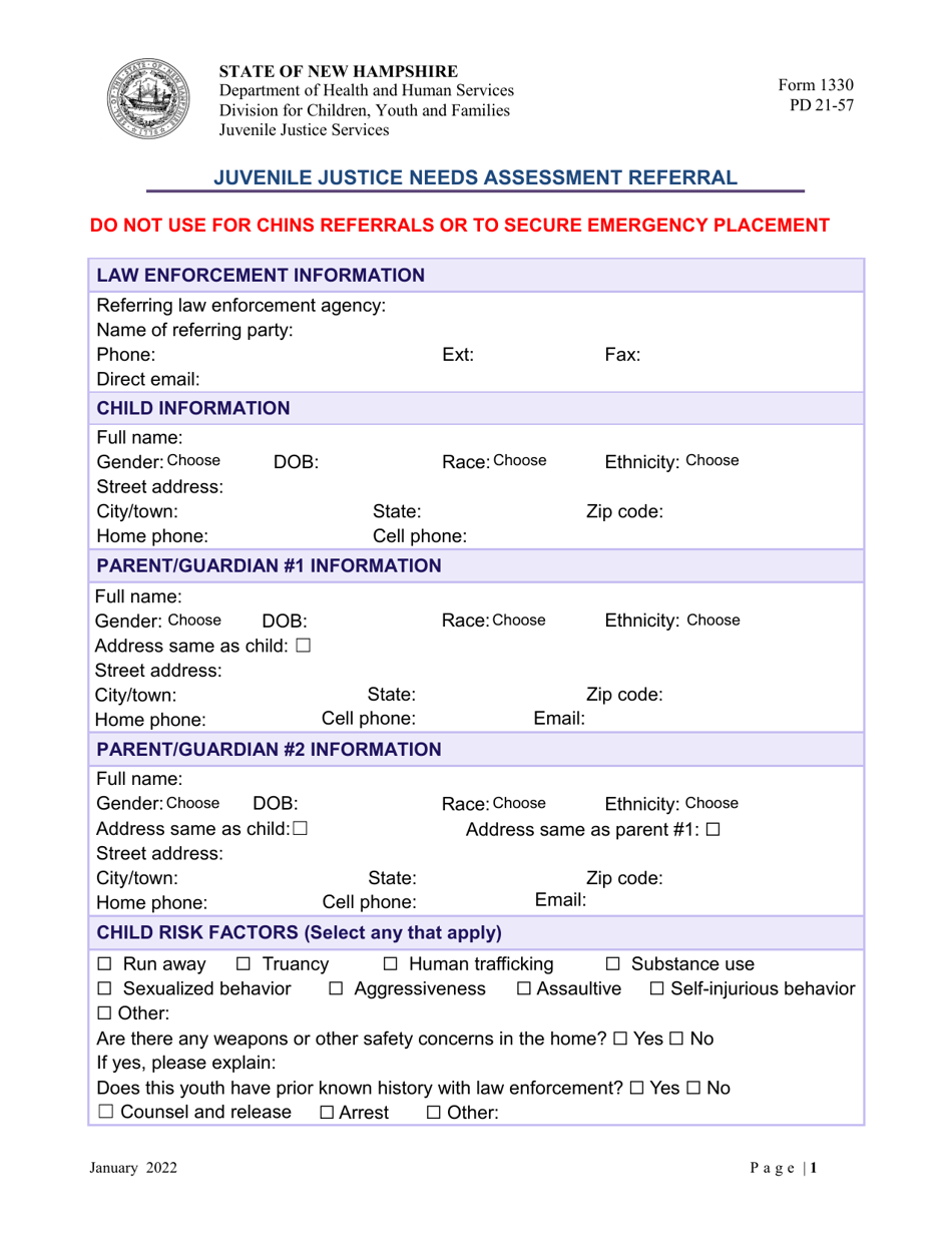 Form 1330 Juvenile Justice Needs Assessment Referral - New Hampshire, Page 1