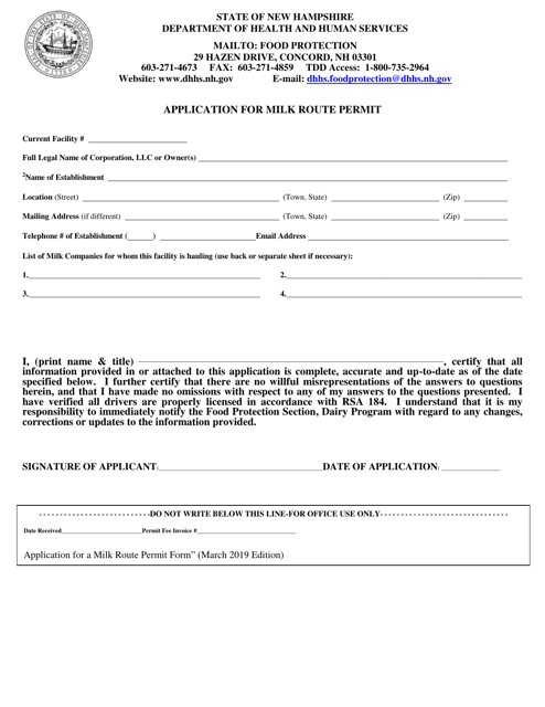 Application for Milk Route Permit - New Hampshire