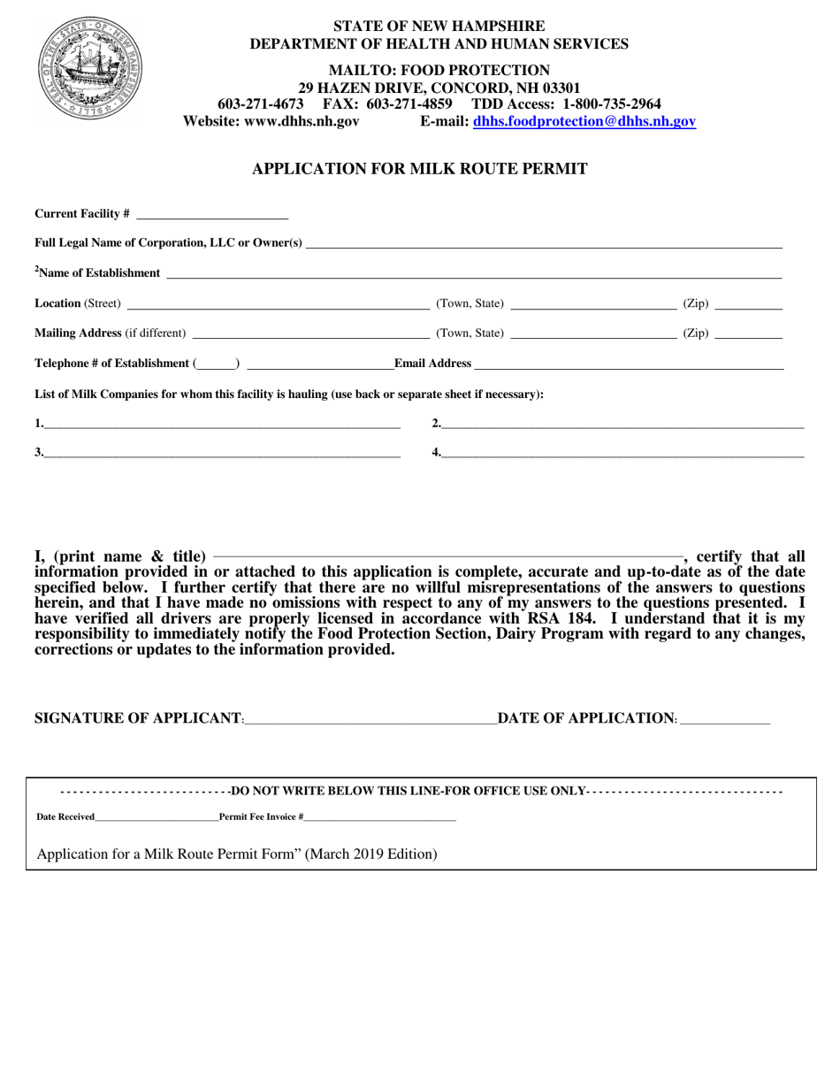 Application for Milk Route Permit - New Hampshire, Page 1