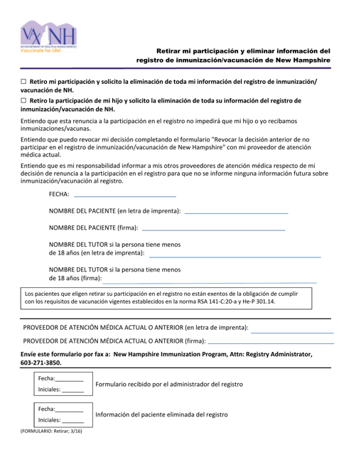 Retirar Mi Participacion Y Eliminar Informacion Del Registro De Inmunizacion/Vacunacion De New Hampshire - New Hampshire (Spanish)