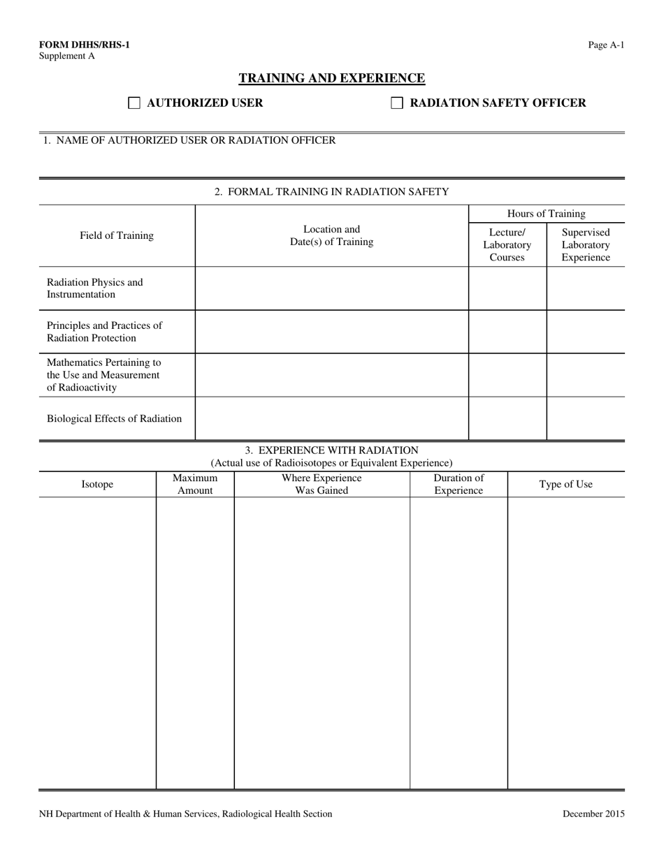 Form RHS-1 Supplement A Training and Experience for Authorized User or Radiation Safety Officer - New Hampshire, Page 1