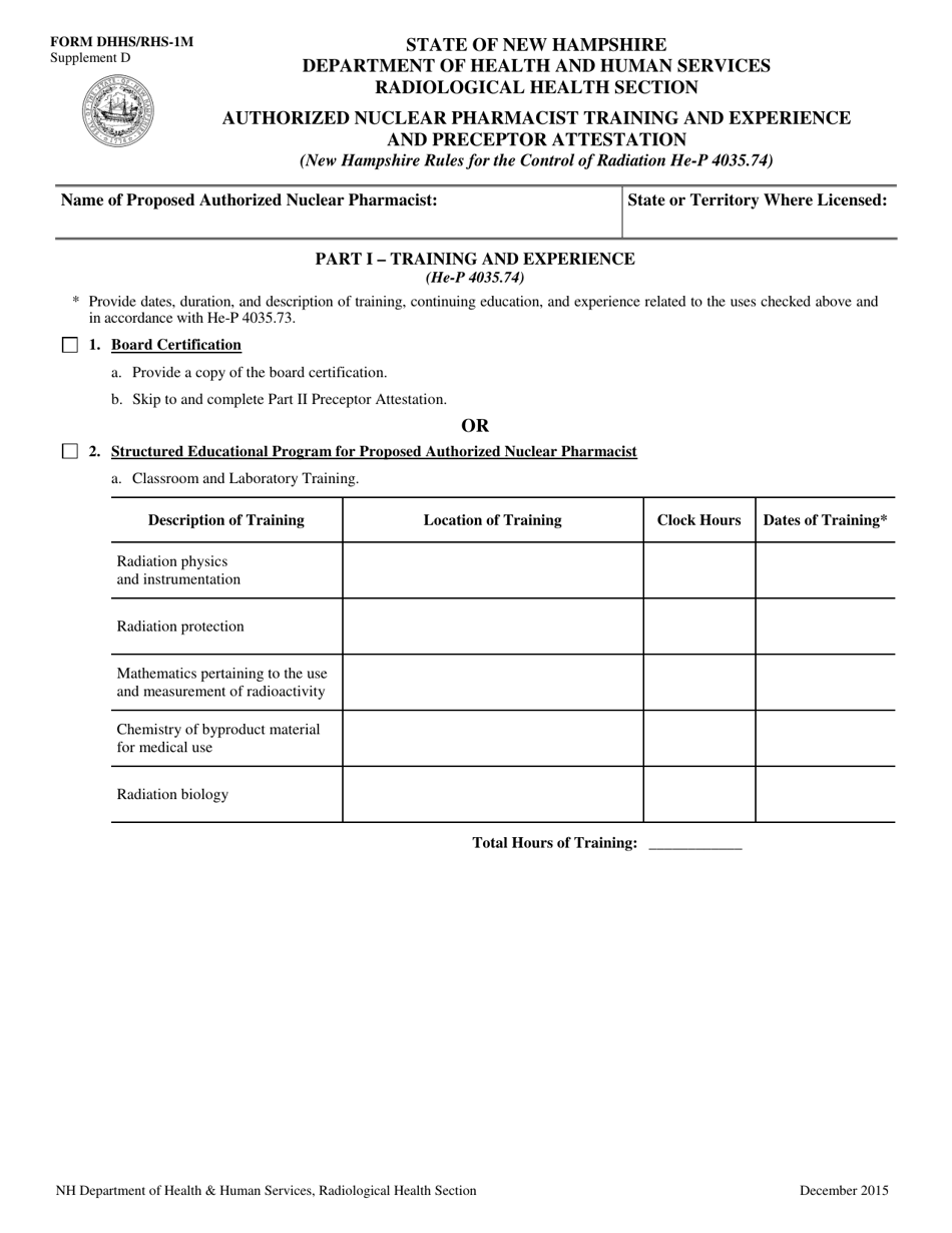 Form RHS-1M Supplement D Authorized Nuclear Pharmacist Training and Experience and Preceptor Attestation - New Hampshire, Page 1