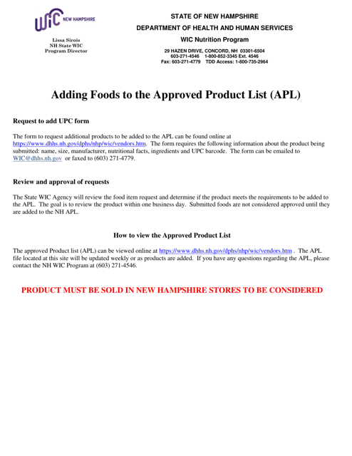 Nh Wic Request to Add Product to Authorized Product List (Apl) - New Hampshire Download Pdf