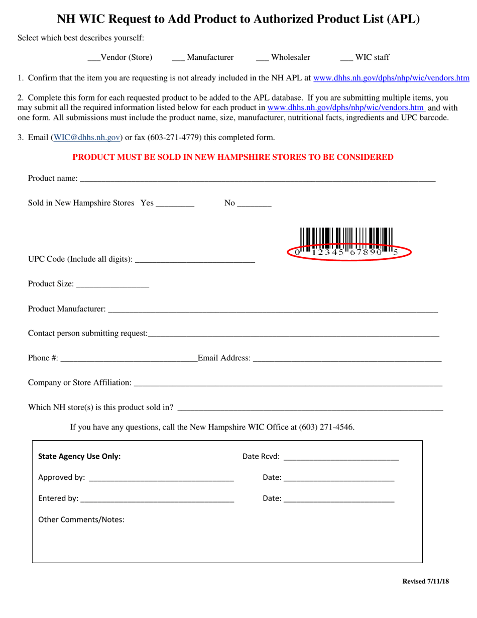 New Hampshire Nh Wic Request To Add Product To Authorized Product List Apl Fill Out Sign 3756