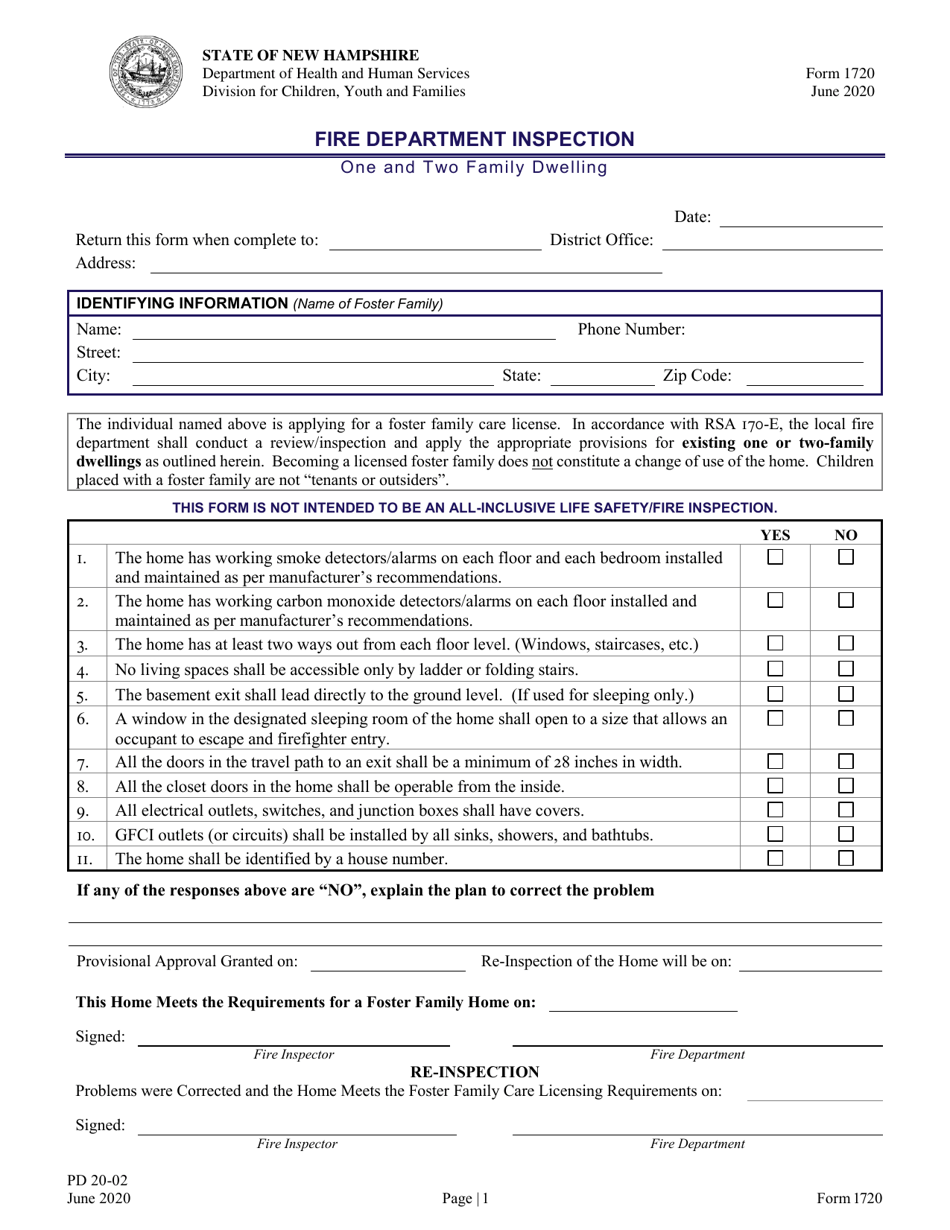Form 1720 (PD20-02) Fire Department Inspection - One and Two Family Dwelling - New Hampshire, Page 1