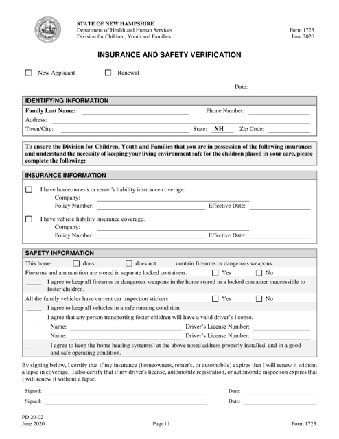 Form 1723 (PD20-02) Insurance and Safety Verification - New Hampshire