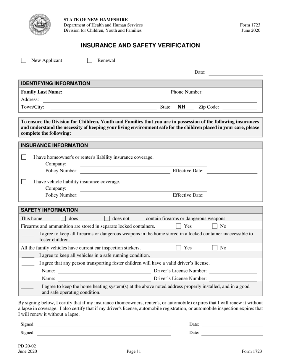 Form 1723 (PD20-02) Insurance and Safety Verification - New Hampshire, Page 1