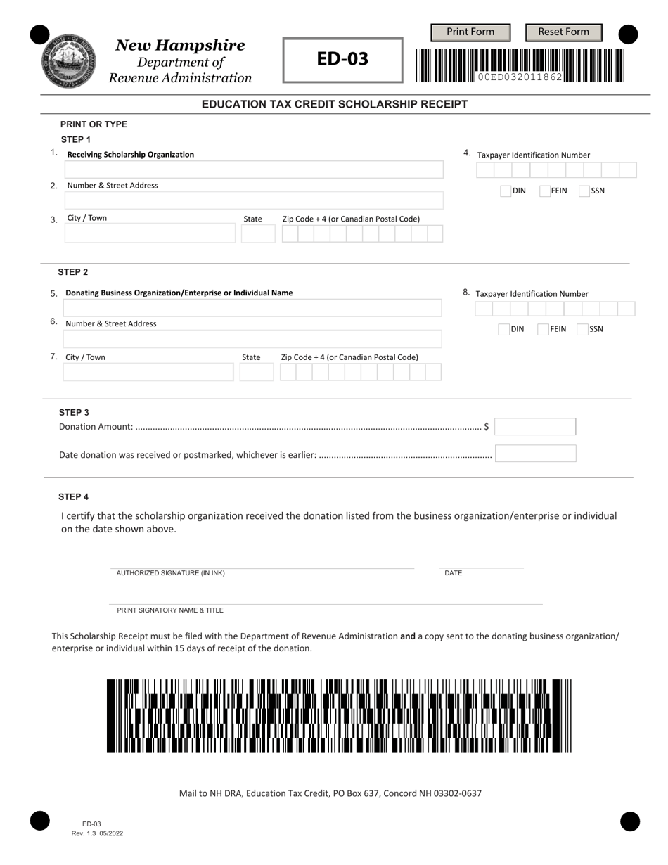 Form ED-03 Education Tax Credit Scholarship Receipt - New Hampshire, Page 1