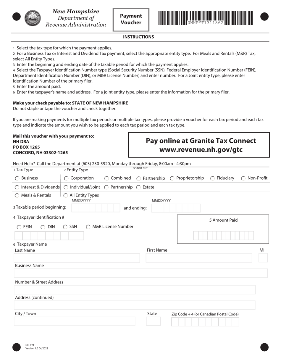 Form NH-PYT Payment Voucher - New Hampshire, Page 1