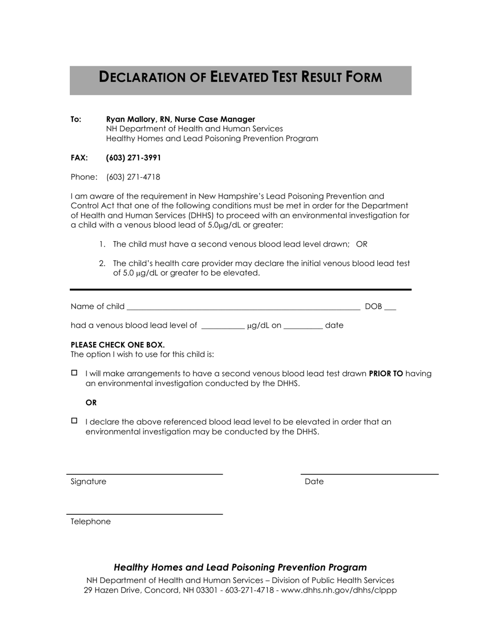 Declaration of Elevated Test Result Form - Healthy Homes and Lead Poisoning Prevention Program - New Hampshire, Page 1