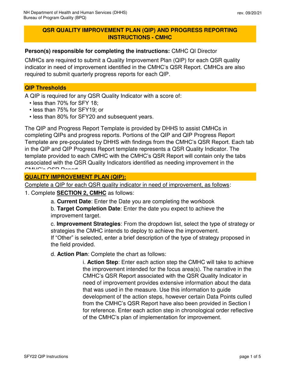 Qsr Quality Improvement Plan (Qip) and Progress Reporting Instructions - Cmhc - New Hampshire, Page 1