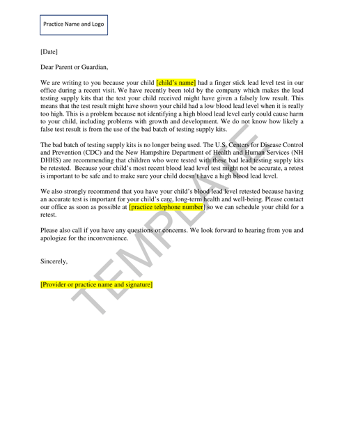 Letter to Parents - Need for Retesting Due to Recall - New Hampshire Download Pdf