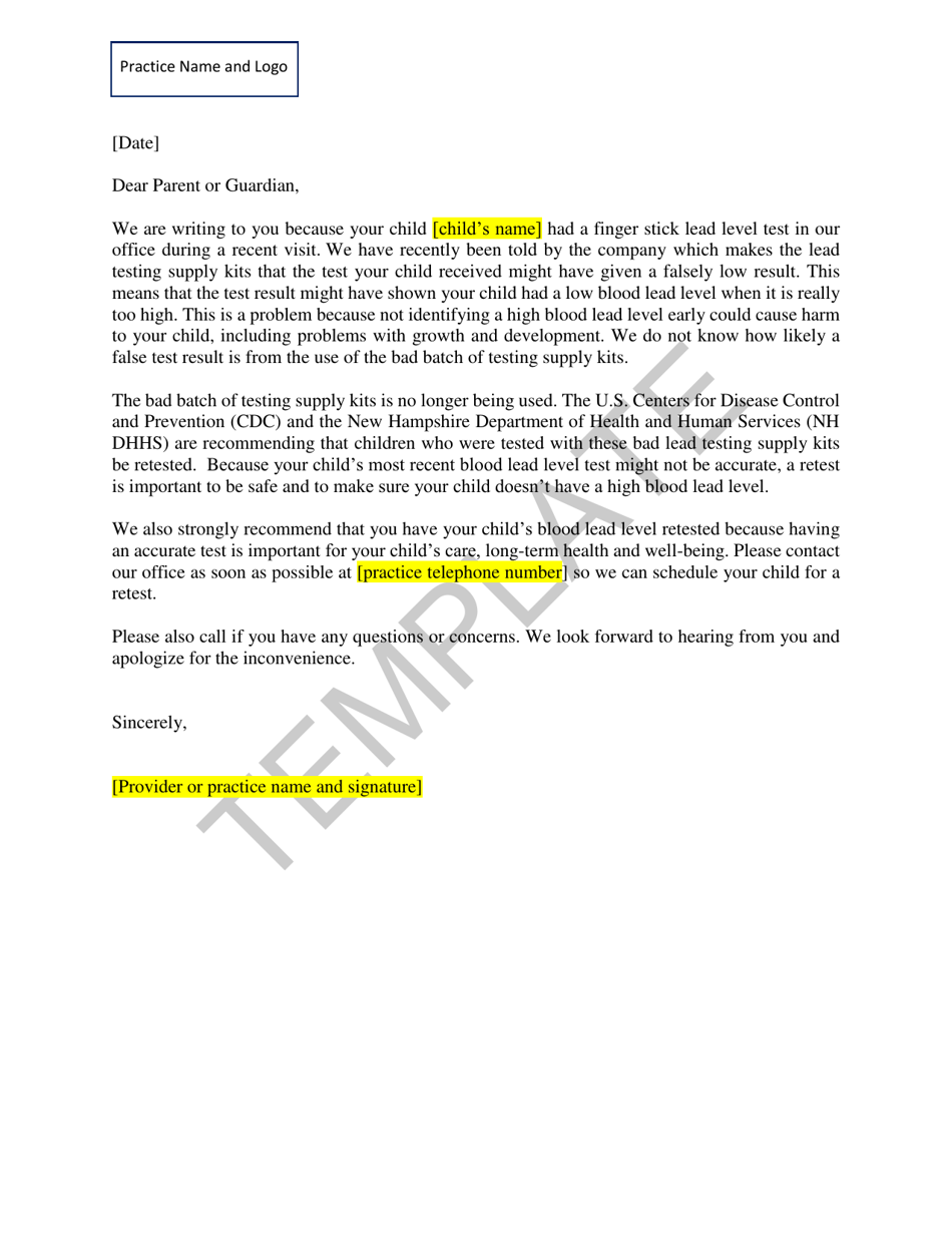 Letter to Parents - Need for Retesting Due to Recall - New Hampshire, Page 1