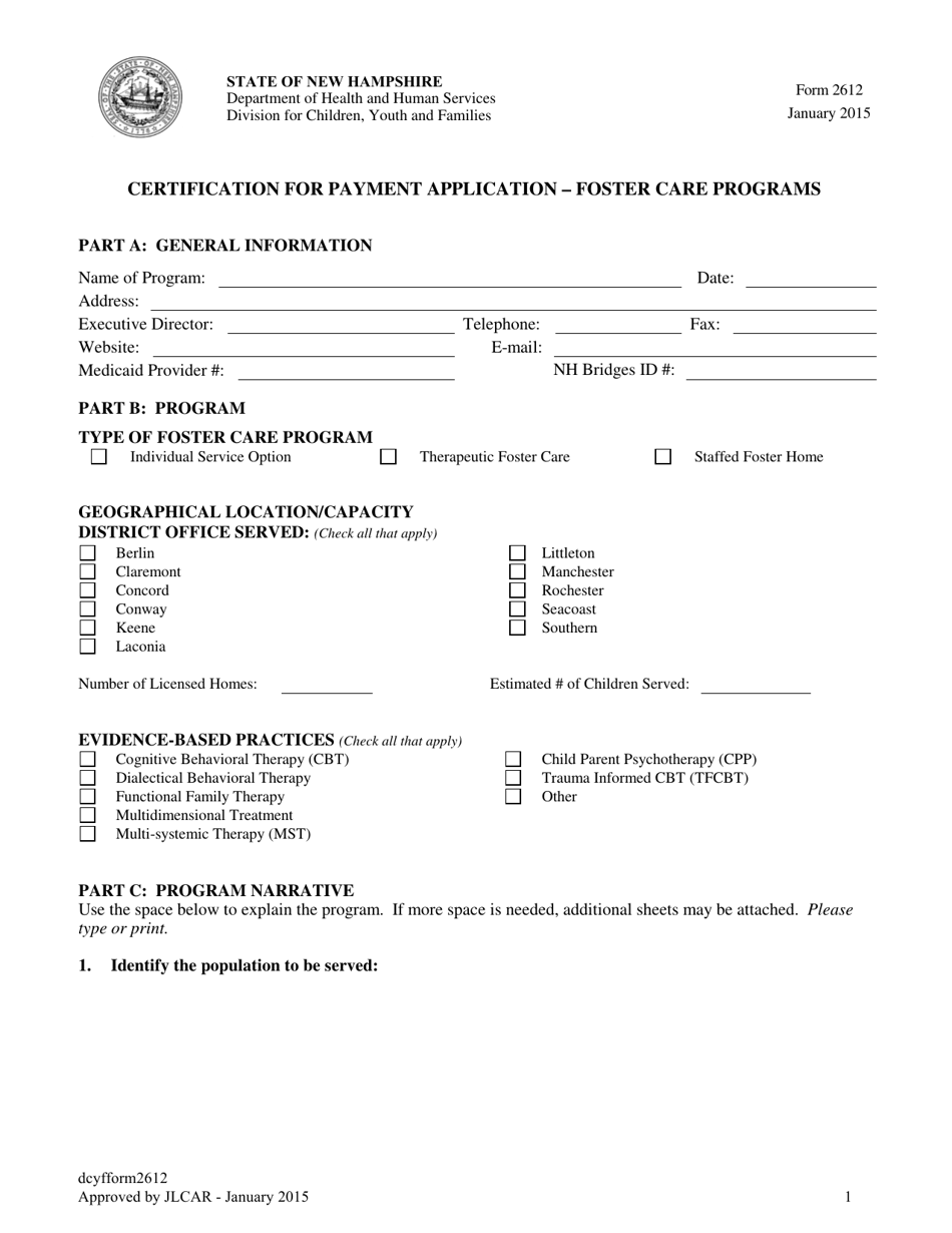 Form 2612 Certification for Payment Application - Foster Care Programs - New Hampshire, Page 1