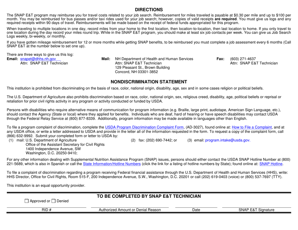 BES Form 218 Supplemental Nutrition Assistance Program (Snap) Employment  Training (Snap Et) Job Search Log - New Hampshire, Page 2