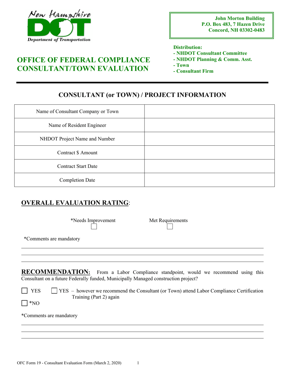 OFC Form 19 Consultant / Town Evaluation - New Hampshire, Page 1