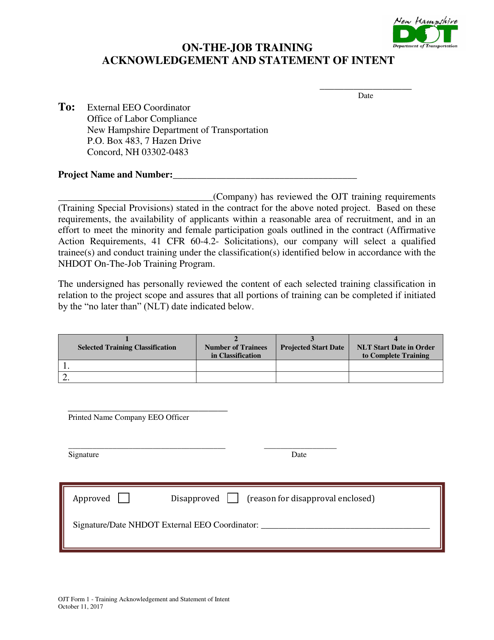 OJT Form 1 Acknowledgement and Statement of Intent - on-The-Job Training Program - New Hampshire