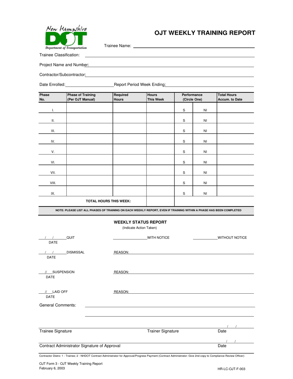 OJT Form 3 Weekly Training Report - on-The-Job Training Program - New Hampshire, Page 1
