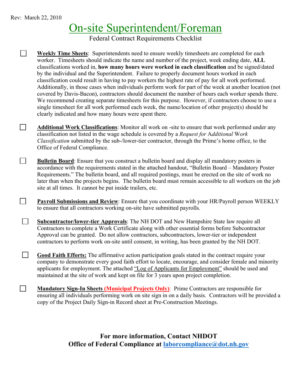 On-Site Superintendent / Foreman Federal Contract Requirements Checklist - New Hampshire, Page 1