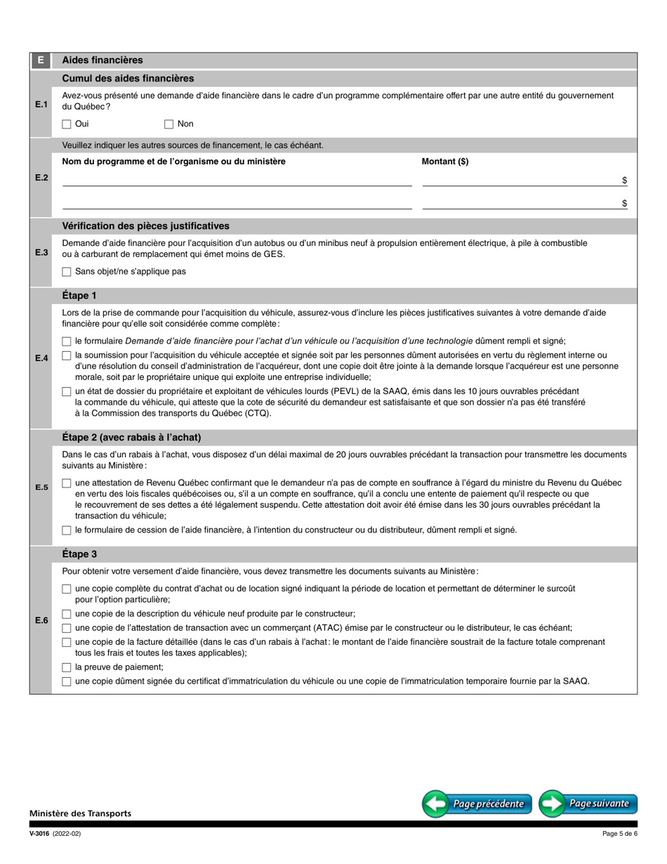 Forme V-3016 Demande Daide Financiere Pour Lachat Dun Vehicule Ou Lacquisition Dune Technologie - Quebec, Canada (French), Page 5