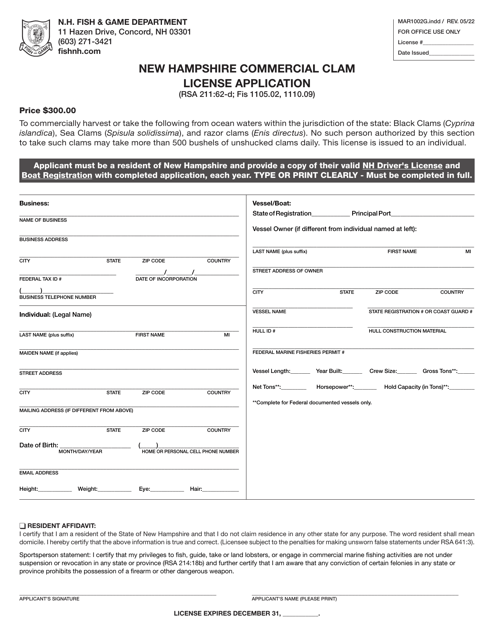 Form MAR1002G New Hampshire Commercial Clam License Application - New Hampshire