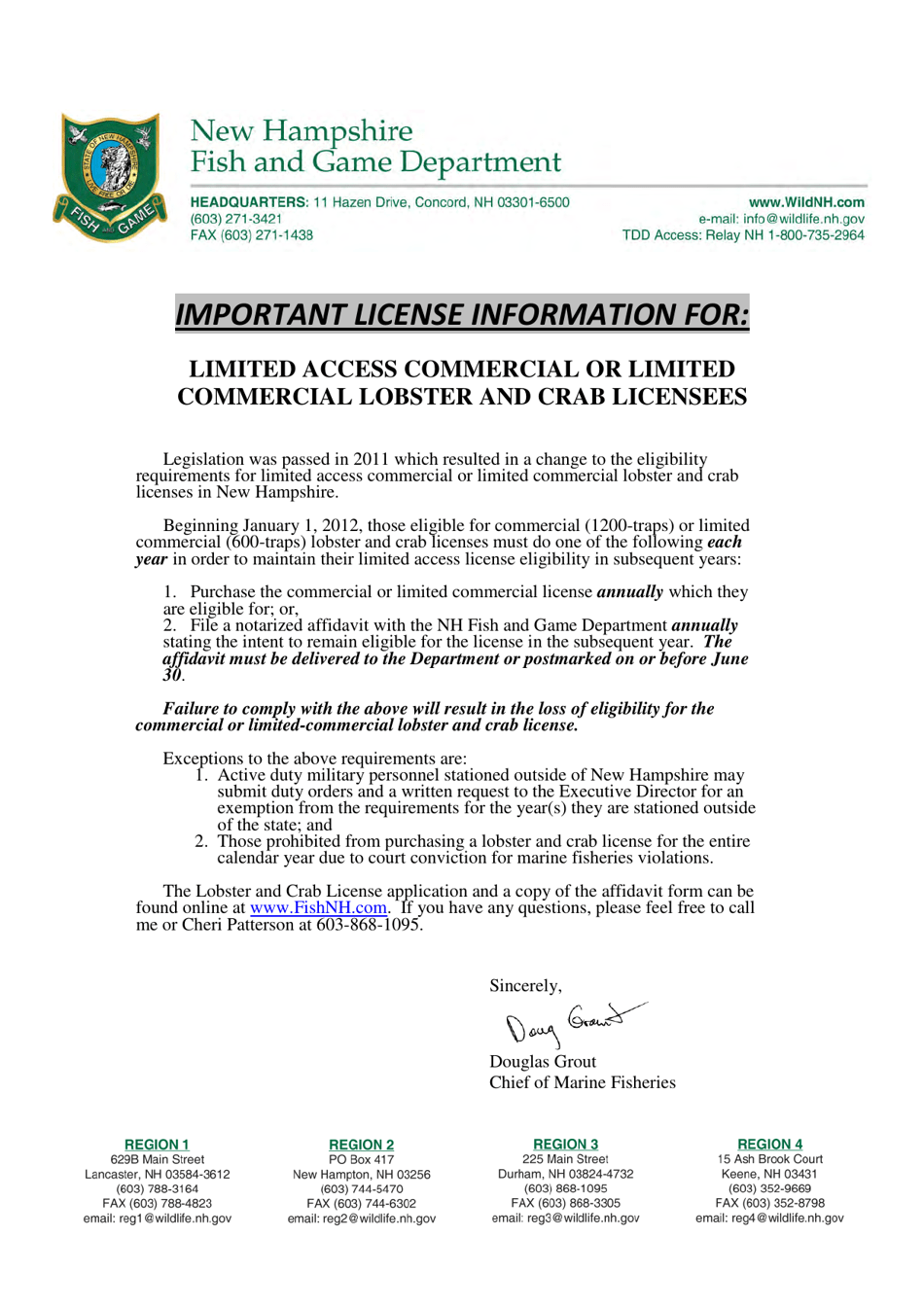 Affidavit for Limited Access Lobster and Crab Licenses - New Hampshire, Page 1