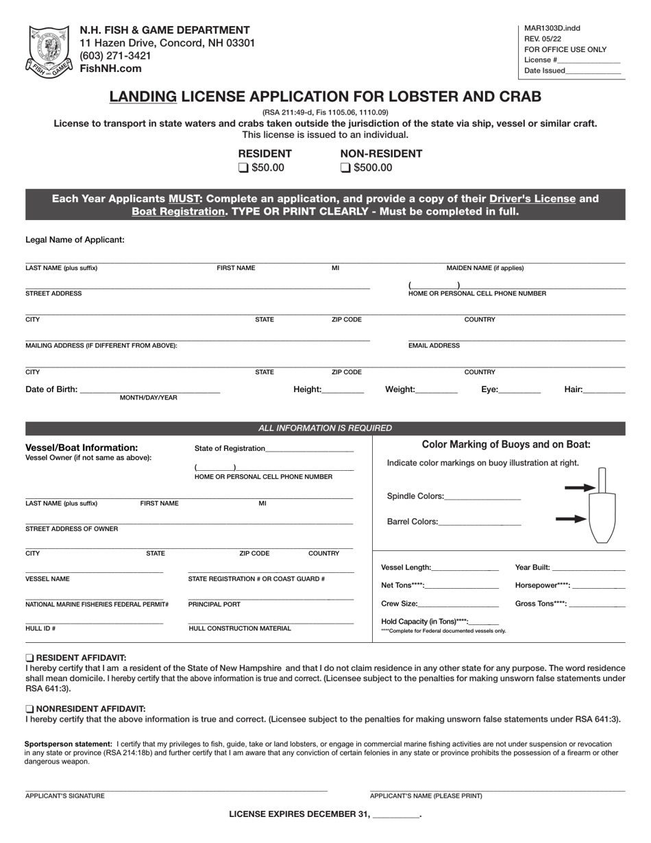 Form MAR1303D Landing License Application for Lobster and Crab - New Hampshire, Page 1