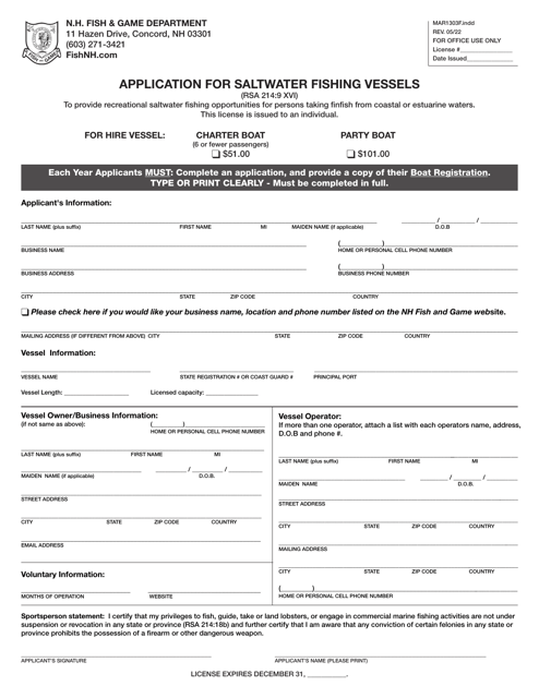 Form MAR1303F Application for Saltwater Fishing Vessels - New Hampshire